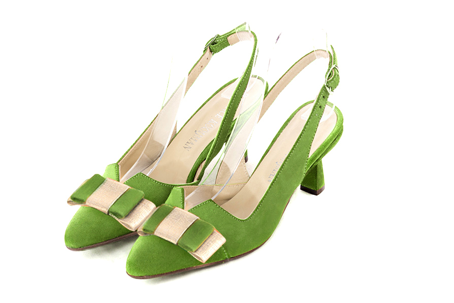 Grass green and gold women's open back shoes, with a knot. Tapered toe. Medium spool heels. Front view - Florence KOOIJMAN